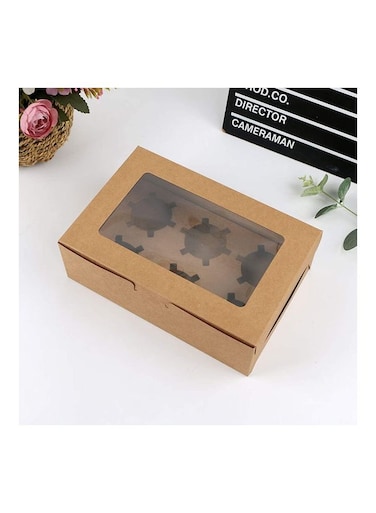 12-Piece 6-Cavities Kraft Paper Cupcake Box With Inserts Brown/Clear 24cm