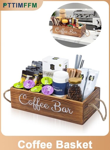 Wooden Coffee Capsule Storage Box, Portable Coffee Bar Organizer with Removable Grids for K-Cup and Coffee Pods