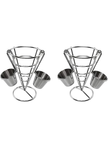 French Fry Serving Stands, with Double Sauce Holders Stainless Steel Fry Cone Basket Fish Chips Holder Restaurant Cafe Table Food Serving Display Wire Stands for Kitchen Restaurant Buffet (Style 1)