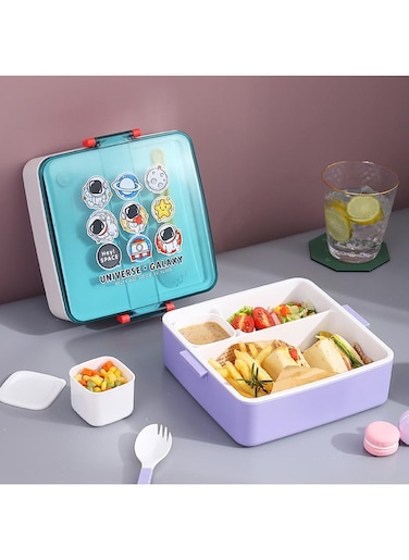 Kids' Bento Lunch Box Set with Large Capacity, 3 Compartments, Adorable Design, Spoon, Leakproof, and Microwave Safe - Perfect for School Lunches (White)