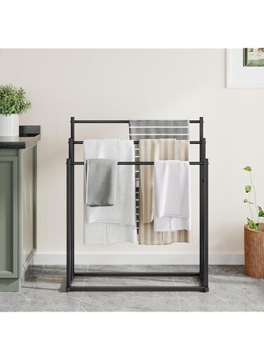 FALAHOM 3 Tiers Black Metal Towel Rack Chrome Tall Industrial Modern Freestanding Towel Holder for Bathroom Accessories Organizer for Bath Storage &amp; Hand Towels,Washcloths,Next to Tub or Shower