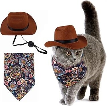 SYOSI Pet Hat, Dog Cowboy Hat Pet Dog Cat Cowboy Hat Bandana Scarf, Pet Cowboy Costume Accessories, Dog Cat Sombrero Puppy Hat Dog Cat Costume Set for Puppy Kitten Party Festival and Daily Wearing