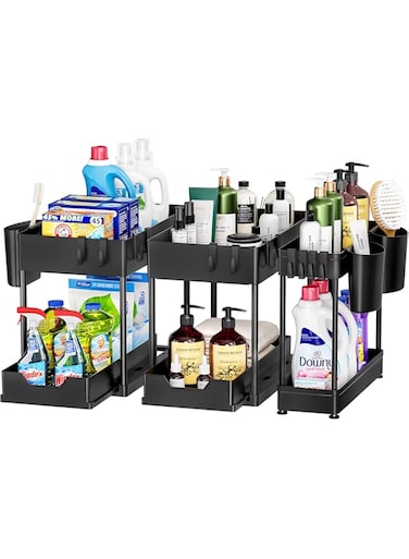 Puricon 3 Pack Under Sink Organizer Pull Out Under Sink Storage, 2 Tier Multi-Purpose Sliding Under the Sink Organizer Bathroom Kitchen Sink Organizer Under Cabinet Shelf for Cleaning Supplies -Black
