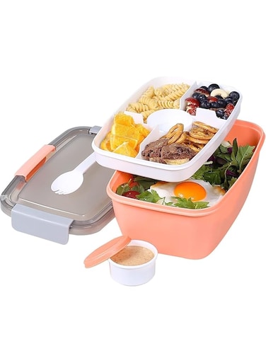 ChicAbode Salad Lunch Container with 68 OZ Salad Bowl, Large Bento Lunch Box with Lid, 5-Compartment Trays Dressing Container, Stackable, Leak-Proof, BPA-Free, Microwave, Dishwasher Safe