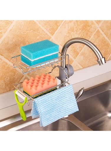 seven Stainless Steel Kitchen Faucet Sponge Holder - Sink Organizer with Shower Caddy Soap Dish for Bathroom or Kitchen - Efficient Storage Solution
