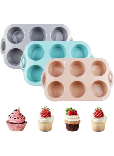ChicAbode 6-Cavity Silicone Muffin Pan, Silicone Cupcake Pan-Food Grade,BPA Free - Non-stick Baking Tray for Brownies, Muffins, Jellies, Pudding, Sandwich Cookies (Gray+Orange+Peacock Blue)