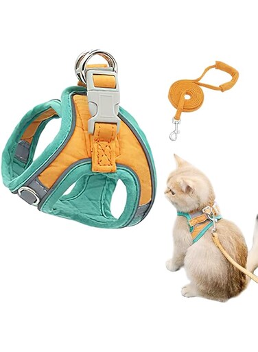 [Upgrade] Cat Harness and Leash Set, Escape-Proof Vest, Reflective Strap Night Safe Pet Harness.Easy Control for Small Large Kitten, Fit for Puppy, Rabbit (L) for 6-9lb (GREEN*ORANGE)