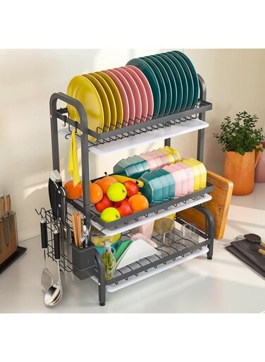 LTLCLZ Dish Drying Stand, 3-Tier Dish Rack with Drain Trays Kitchen Accessories Organizer, Large Capacity Kitchen Rack with Utensil &amp; Cutting (A)