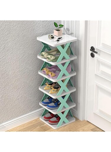 5 grids Narrow Shoe Rack Tower Shelf, Small Vertical Shoe Stand, Shoe Cabinet, Free Standing Shoes Storage Organizer for Entryway, Closet, Hallway, Easy Assembly, Stable in Structure (WHITE&amp;BLUE)