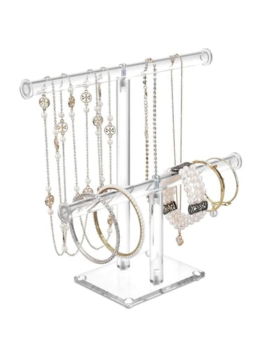 Tazweeq Acrylic Detachable Necklace Holder 2 Tier T-Bar Bracelet Holder,Clear Acrylic Tower Stand for Watches Rings Earrings Bracelets Bangles Necklace Display