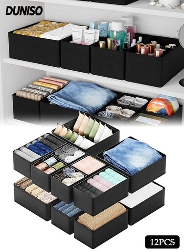 12PCS Foldable Drawer Organizer,Washable Cabinet Cloth Storage Bins ,Wardrobe Cloth Drawer Dividers,Storage Basket Bins for Clothes, Underwear, Bras, Socks(Black)