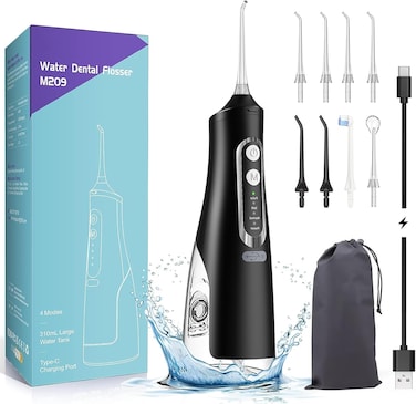 Annmiir Water Dental Flosser Professional Irrigator for Dental &amp; Oral Care with 8 Tips 4 Modes 310mL Large Capacity IPX7 Waterproof Rechargeable and Portable Cordless (Black)