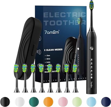 7AM2M Sonic Electric Toothbrush for Adults and Kids, with Travel Case &amp; 8 Brush Heads, 5 Modes with 2 Minutes Build in Smart Timer, Roman Column Handle Design (Black)
