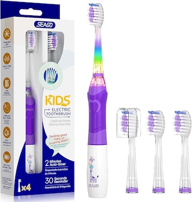 SEAGO Kids Electric Toothbrush with 2 Mins Brushing Timer and 4 Replacement Bursh Heads, Rainbow LED Light Make Brushing Fun, Green Color Boys Battery Powerd Toothbrush for 4-12 Years Old，SG-977
