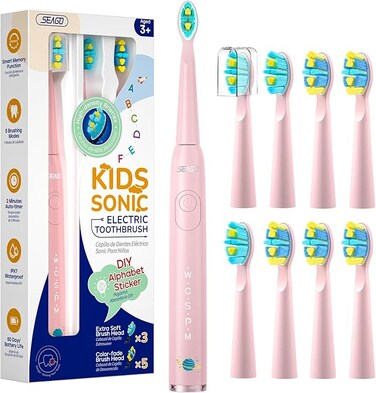SEAGO Kids Electric Toothbrush, Rechargeable Sonic Soft Bristle Toothbrushes with 8 Brush Heads, DIY Stickers and 5 Modes, Ideal for Kids and Children, Ages 3&ndash;12(Pink)

