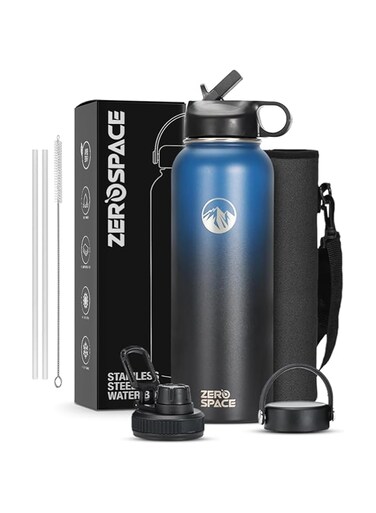 ZeroSpace Stainless Steel Water Bottle, 1200ml Insulated Water Bottle with Straw &amp; Brush, BPA-Free Double Wall Vacuum Thermos Flask for Hot &amp; Cold Drinks, Gym, Travel, Office &amp; Kids (Blue/Black)