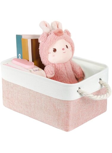 Xspring Storage Bins, Small Basket, Fabric Storage Baskets, Pink Basket with Sturdy Cotton Handles, for Organizing use for Office &amp; Home, Book, Clothes, Toys, Closet Boxes (31x21x13cm)