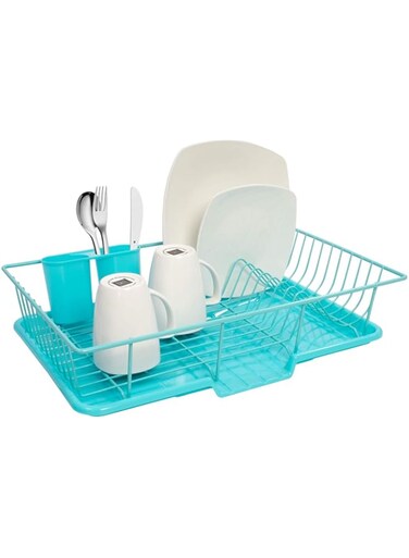 Sweet Home Collection Dish Rack Drainer 3 Piece Set with Drying Board and Utensil Holder, Metal, Plasic, 5"D x 12"W x 17"H, Turquoise