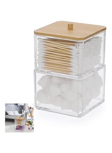 Joyzzz Wood Qtip Dispenser, Cotton Ball Holder with Bamboo Lid, Acrylic Qtip Holder for Cotton Balls, Cotton Swabs and Cotton Rounds Pads, Qtip Holder Bathroom Container for Bedroom Bathroom