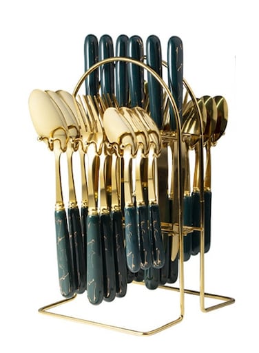 24 Piece Stainless Steel Hanging Cutlery Set with Stand for 6 People Mirror Finish Flatware for Home and Kitchen Use