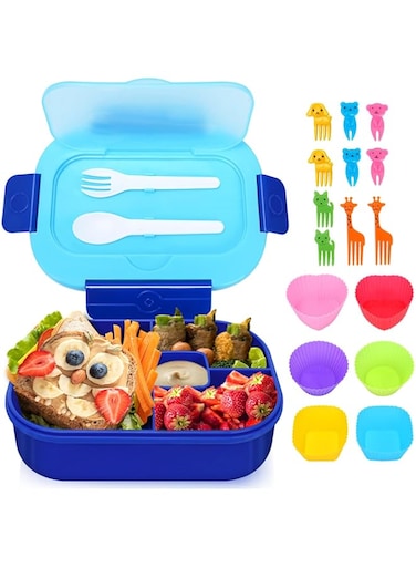 Lunch Box Kids, Bento Box, Lunch Containers with 4 Compartments Utensils Food Picks Cake Cups, Leak-proof Lunch Box for Girls and Boys, Snack Box, Perfect for School, Nursery &amp; Trips (Blue, 1300ML)