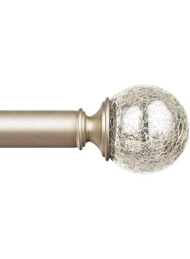 KAMANINA Champagne Gold Curtain Rods for Windows 48 to 84 Inches, 1 Inch Decorative Curtain Rod 32 to 86 inch (2.6-7.1ft), Single Drapery Rods with Crackle Glass Finials