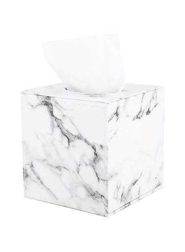 VoiceFly Leather Square Roll Tissue Box Holder, Stylish Napkin Holder Pumping Paper Case Dispenser, Facial Tissue Box Cover for Home Office Car Decoration, White Marble