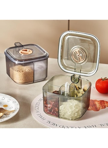 NALACAL Kitchen Spice Box,Seasoning Organizer Box,4 Compartments Sealed Clear Seasoning Box With Lid,Seasoning Box with Cover and Serving Spoons,Condiment Jars,Plastic Seasoning Box Container Set
