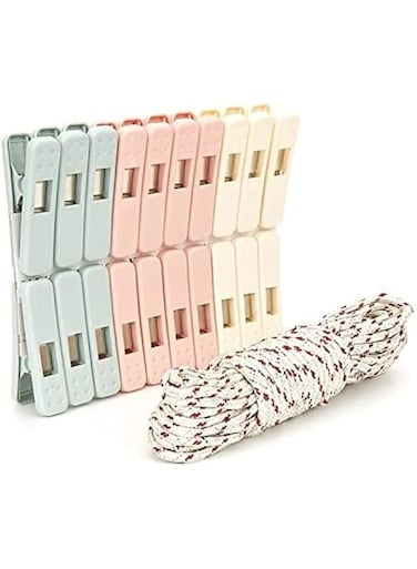 Plastic Clothes Pegs 24Pcs Random Color ,Rope Included, Laundry Hanging Pins used for drying Clothes , Cloth clips easy to use , Hanger Clips to hold clothes on Drying line.