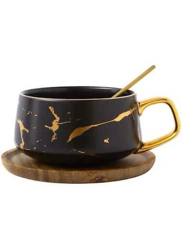Eplze YBK Tech Porcelain Tea Cup Coffee Mug Set for Afternoon Tea - Marble Pattern (Black, Short 300ml + Wood Saucer)