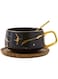 Eplze YBK Tech Porcelain Tea Cup Coffee Mug Set for Afternoon Tea - Marble Pattern (Black, Short 300ml + Wood Saucer)