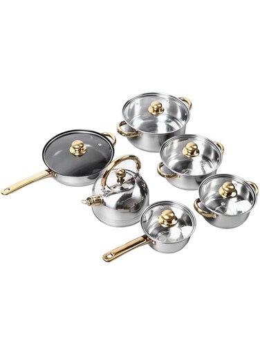 Cryfokt 12 Piece Stainless Steel Pots and Pans Set, Professional Cookware Set with Gold Handle, Kitchen Cooking Set for All Cooktops Frying Pan Skillet for All Cooktops, Multiple Sizes