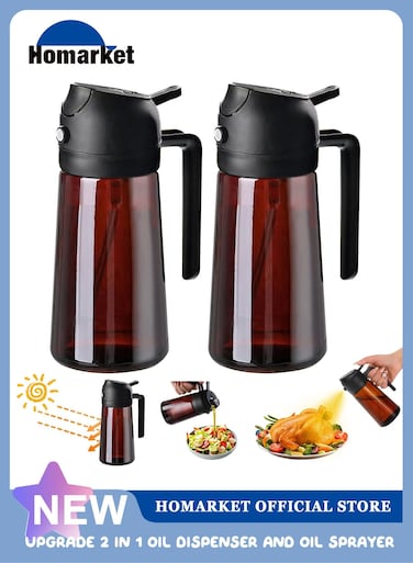 2 Pack 16oz Olive Oil Dispenser Bottle for Kitchen - 2 in 1 Dark Brown Glass Oil Dispenser and Oil Sprayer for Cooking, Air Fryer, Salad, 470ml Olive Oil Sprayer (Black)