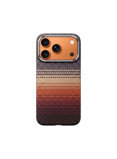 جراب Mobcos لهاتف iPhone 17 Pro بلون أحمر غروب الشمس مصنوع من ألياف الأراميد، بنسيج 1500D، غطاء مغناطيسي فائق النحافة وخفيف الوزن، متوافق مع تقنية MagSafe