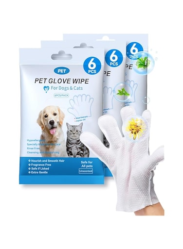 Mumoo Bear Pet Glove Wipes, Cleaning and Deodorizing Grooming Gloves, Dog Wipes for Daily Personal Grooming, Pet Grooming Wipes for Cats, Odor and Fragrance Free, 3 Pack/18 Pack
