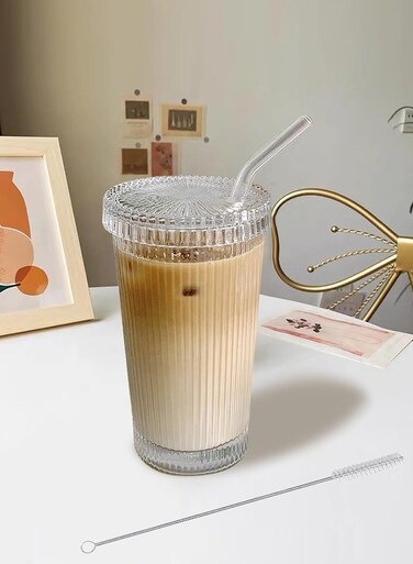 Glass Tumbler Stripe Glass Cup Coffee Cup With Lid and Straw Drinking Glasses for Water,Iced Coffee,Milk,Tea,Juice - with Cleaning Brushe