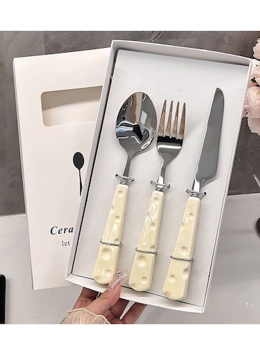 Stainless Steel Cutlery Set with Cheese Handle, Includes Knife Fork and Spoon for Home or Gift Use3 piece flatware set with cheese pattern handle includes knife fork and spoon stainless steel tableware for daily use