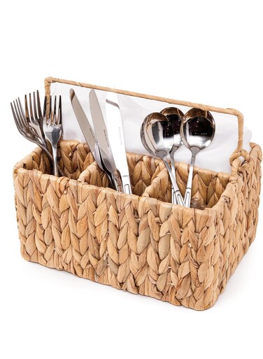 1 Pack With Handle Flatware Organizer, Hand Woven Water Hyacinth Cutlery Holder for Countertop