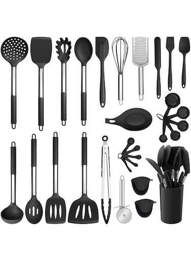 E-far Silicone Kitchen Utensils Set, 30-Piece Cooking Utensils Set with Holder, Heat Resistant Kitchen Spatulas Turner Tong Spoon Whisk Ladle for Nonstick Cookware, Stainless Steel Handle (Black)