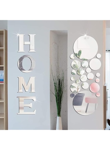 Azonee 36 Pieces Mirror Wall Stickers Decor with Lettering, Removable 3D Acrylic Round Stickers for Home Living Room Decoration (Silver)