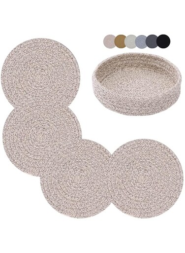 Trivets for Hot Dishes, Trivets for Hot Pots and Pans, 7 Inchs Hot Pads 4 Pcs and Storage Basket for Countertops, Pot Holders for Kitchen, Cotton Table Protector Hot Mats Heat Resistant (Brown)