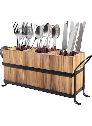 LUCKY-D Utensil Holder for Party - Silverware Caddy with Three Compartments, Detachable, Portable Handle, Stylish Cutlery Holder for Countertop and Outdoor Use