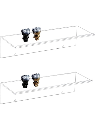 CY craft Clear Floating Shelves Display Ledge,2 PCS Decorative Wall Storage Shelves with Detachable Towel Hooks,Damage Free Adhesive Acrylic Wall Mounted Shelves for Bathroom,Kitchen,Bedroom or Office