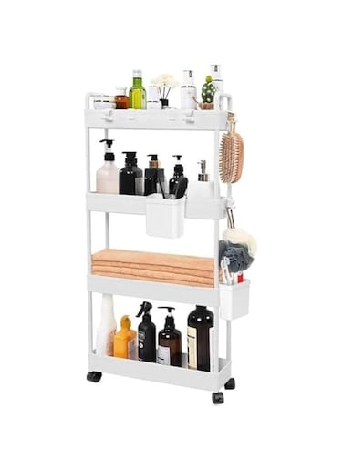 Rolling Storage Cart with Wheels,4 Tier Slim Rolling Storage Cart with 2 Hanging Cups, Mobile Shelving Unit，Bathroom Storage Organizer for Kitchen, Bedroom, Office,Laundry (White Narrow （4.9&lsquo;&rsquo;）)