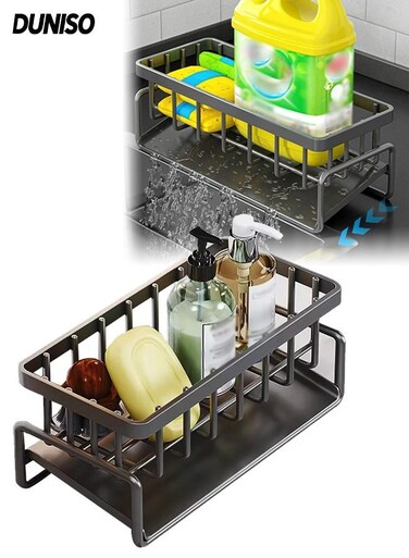 Sponge Holder for Kitchen Sink, Stainless Steel Kitchen Sink Organizer with Auto Draining Tray, Kitchen Countertop Soap Dispenser Organizer and Storage Essentials , Sink Caddy Organizer