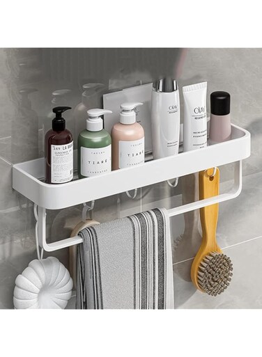 ANTOLE Bathroom Shower Shelf,No Drilling Wall Mounted Stainless Steel Shower Shelves with Towel Bar,Self Adhesive Shower Caddy Shelf Organizer Rack with Hooks,Bathroom Storage Floating Shelves (40CM)