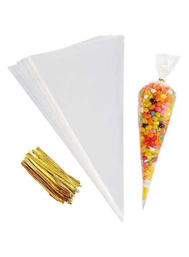 ECVV 50pcs Clear Cone Cellophane Bags Triangle Treat DIY Gift Bags with Gold Twist Ties Plastic Cone Bags Triangle Bags for Candies Sweets Cookies Snakes