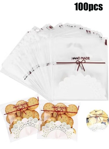 100Pcs Self-adhesive Cookie Bags, 5.5x5.5Inch Clear Treat Bags DIY Plastic Individual Candy Bags Decorating Favor Bag Cellophane Bags for Packing Biscuits, Chocolate, Snack, Wedding, Party