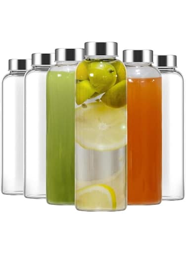 FUFU 24oz Glass Water Bottle Set of 6, Clear glass juice bottle for juicing，Reusable Drinking Bottles with Stainless Steel Lid，Beverage Storage Containers for Refrigerator-BPA Free，Leak Proof