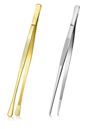 Cooking Tweezer Tongs, Stainless Steel 12" Kitchen Pointed Round Head Tweezers with Precision Serrations for Baking Decor, Kitchen Cooking, Grilling Seafood 2 Pcs, Black
